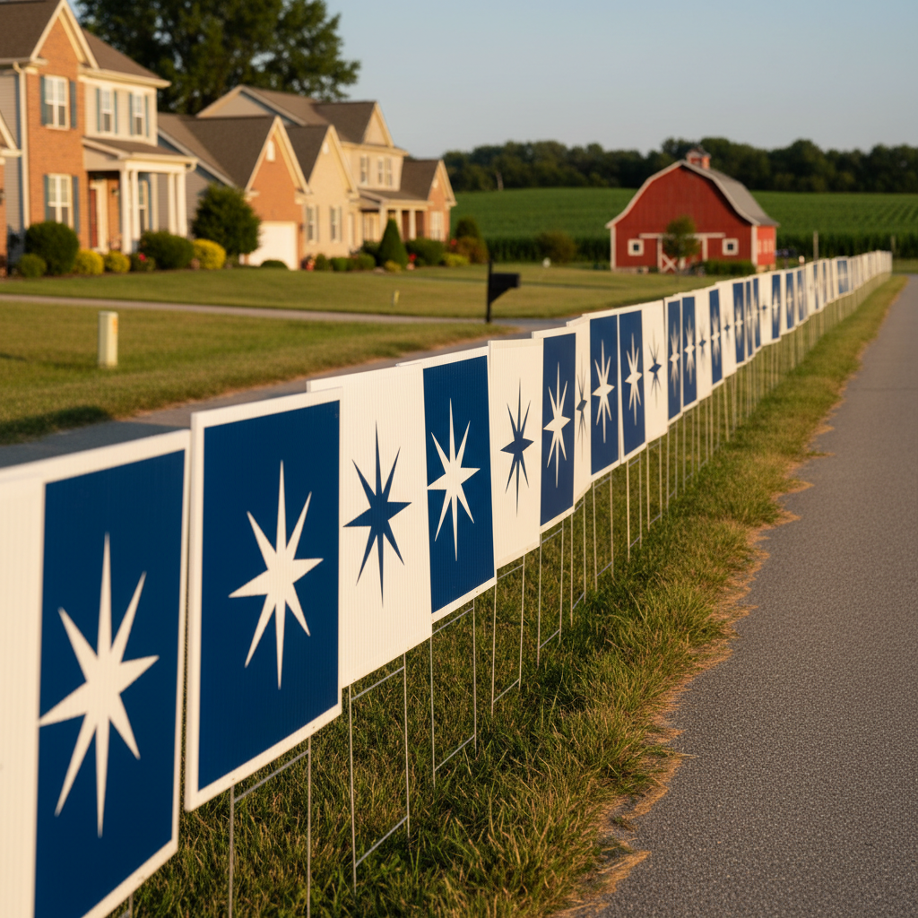 An orderly row of simple metal yard sign frames planted along a quiet Lampeter-Strasburg roadside, each holding clean, text-free signs in rich blue and white with a single abstract star and stripe design suggesting political campaigns. Behind them, tidy single-family homes, a distant red barn, and a patchwork of green fields create a distinctly local, semi-rural backdrop. Early evening light casts long, dramatic shadows from the signposts across the short grass, giving the scene a bold, determined feeling. Captured in photographic realism from a low-angle perspective looking slightly upward along the line of signs, the composition uses strong leading lines and a shallow depth of field to evoke momentum and coordinated grassroots support.