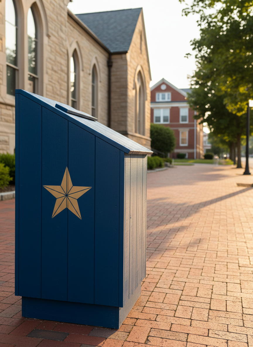 A sturdy wooden ballot drop box painted in deep blue, standing prominently on a clean brick sidewalk outside a small-town municipal building reminiscent of Lampeter-Strasburg architecture. The box features a bold, angled mail slot and a simple emblematic star motif instead of text or logos. Late afternoon golden sunlight washes across the scene, highlighting the grain of the wood and casting crisp, confident shadows onto the bricks. A neatly trimmed tree line and a distant red-brick school building are softly blurred in the background. Captured at eye level in sharp photographic realism, the composition uses the rule of thirds to emphasize civic participation and grassroots democracy, with a bold, energetic atmosphere.