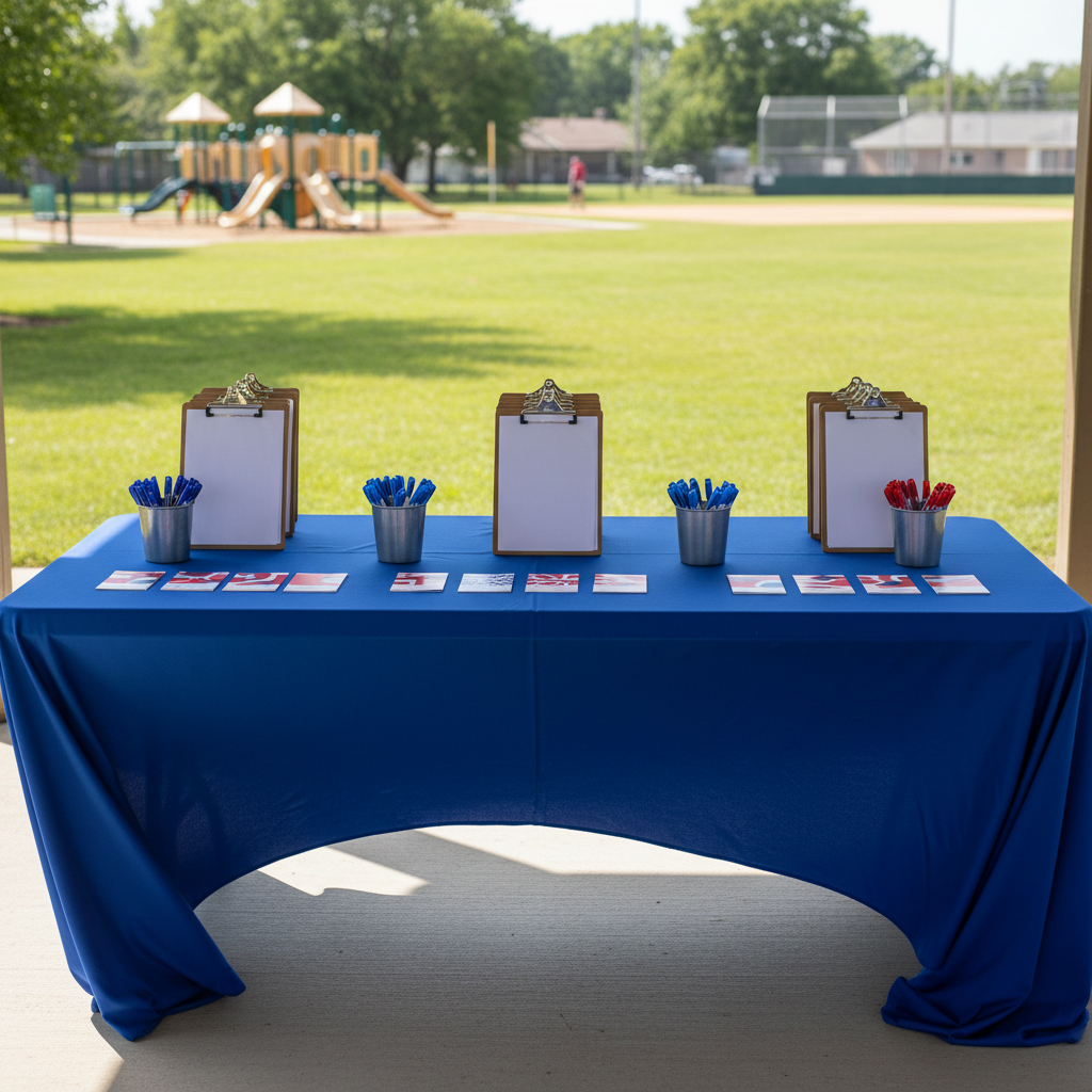 A long folding table covered in a vibrant royal-blue cloth set up under a pavilion in a Lampeter-Strasburg community park, the surface organized with neat stacks of blank clipboards, pens in metal cups, and colorful, text-free info cards featuring abstract shapes in red, white, and blue. Beyond the table, a grassy field, a small playground, and a modest baseball diamond are softly out of focus. The scene is lit by bright but slightly diffused afternoon sunlight, creating lively highlights on the clipboards and subtle shadows under the pavilion roof. Shot from a slightly elevated angle in crisp photographic realism, the mood is bold, welcoming, and mobilizing, suggesting an energetic voter registration or organizing hub without showing any people.